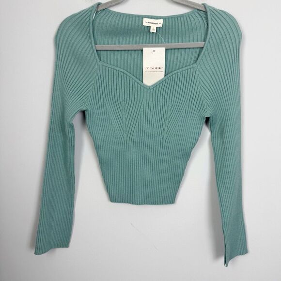 EESOME | NEW Sweetheart Ribbed Knit Green Long Sleeve Top Women’s Size Large - Picture 1 of 8